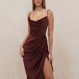 Solid Asymmetrical Sleeveless Cami Dress; Sexy Smooth Split Slim Midi Dress; Women's Clothing (Color: Burgundy, size: L(8/10))
