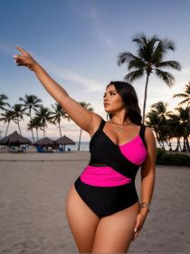 2026 New Plus Size Black & Hot Pink Color Block One-Piece Swimsuit Women's Deep V Crisscross Ruched Mesh Panel Thong Bathing Suit for Beach Vacat (Color: BLACK, size: M)
